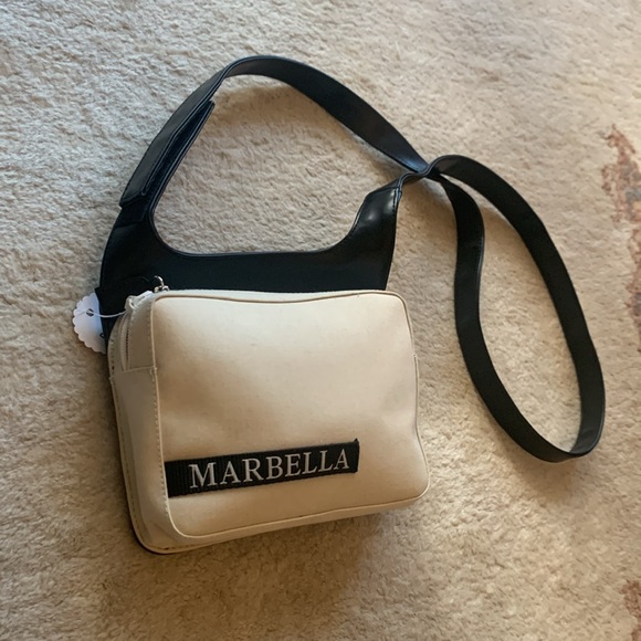 Vintage 90s Designer Marbella Cotton Shoulder Bag Leather Adjustable Strap - Picture 14 of 17